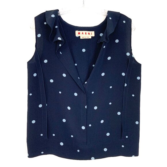 Marni Tops - MARNI Navy Blue Polka Dot Sleeveless Blouse Ruffle Neck Sz 44 (M)